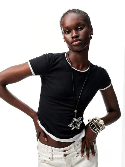 Faux Two Piece Color Blocking Slightly Sheer Short Sleeve T-Shirt 【s0000012890】