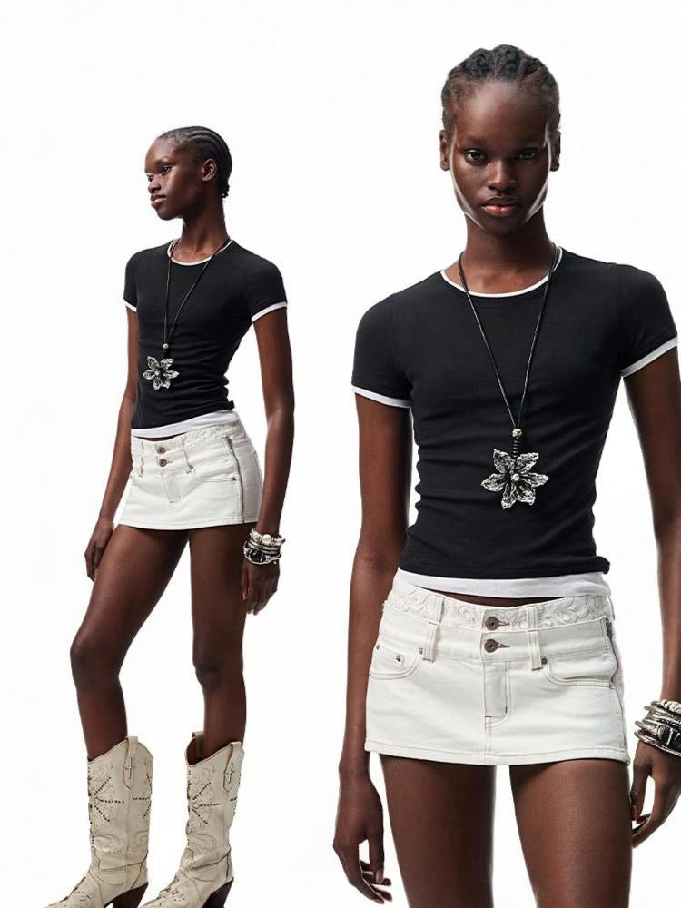 Faux Two Piece Color Blocking Slightly Sheer Short Sleeve T-Shirt 【s0000012890】