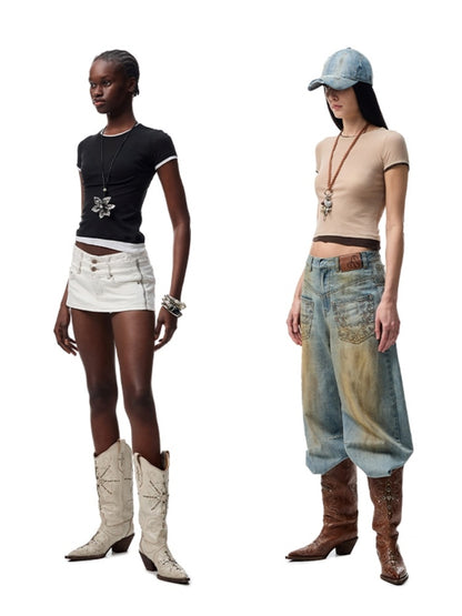 Faux Two Piece Color Blocking Slightly Sheer Short Sleeve T-Shirt 【s0000012890】