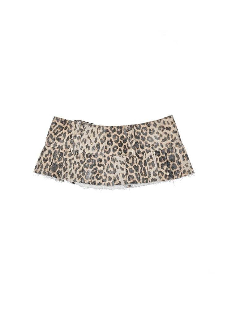 Leopard Print Washed Canvas Low Rise Pleated Skirt Waistband【s0000012912】