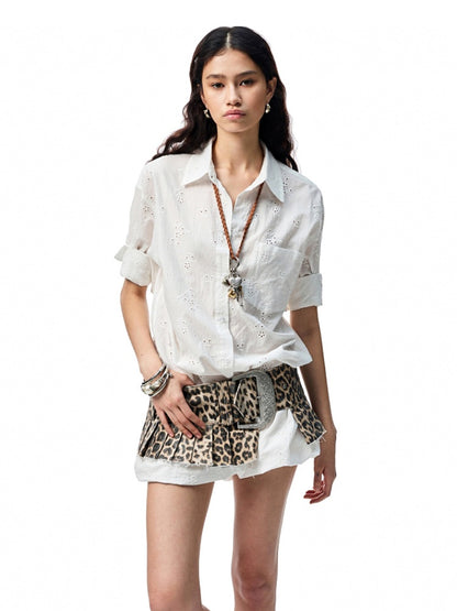 Leopard Print Washed Canvas Low Rise Pleated Skirt Waistband【s0000012912】