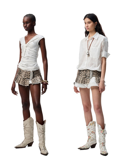 Leopard Print Washed Canvas Low Rise Pleated Skirt Waistband【s0000012912】