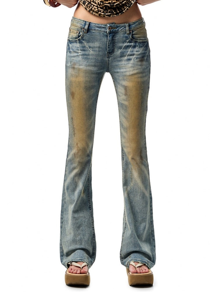 Washed Skinny Low Rise Denim Flared Pants【s0000012913】