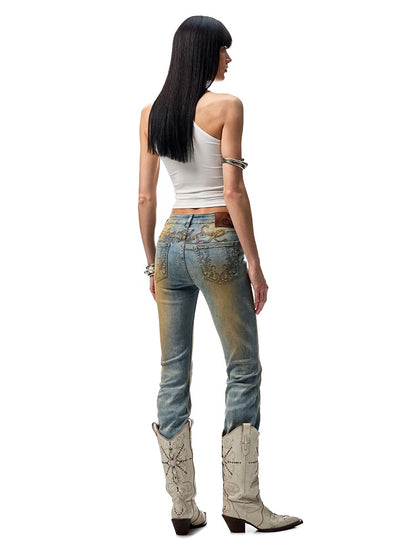 Washed Skinny Low Rise Denim Flared Pants【s0000012913】