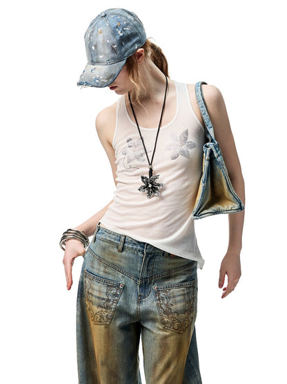 Floral Rhinestone Semi Sheer I-shaped Tank Top【s0000012914】