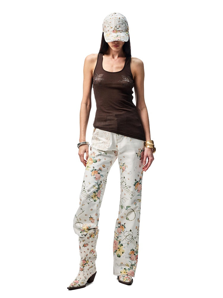 Floral Rhinestone Semi Sheer I-shaped Tank Top【s0000012914】
