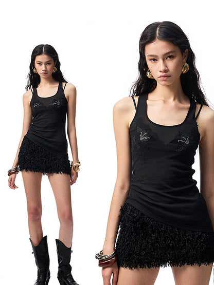 Floral Rhinestone Semi Sheer I-shaped Tank Top【s0000012914】