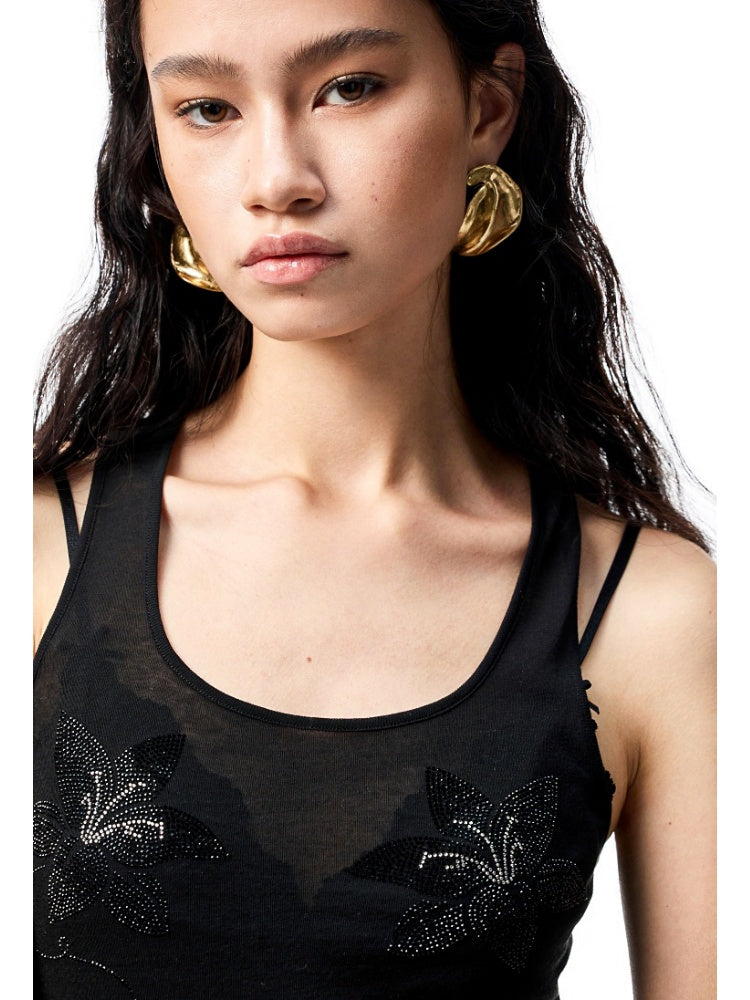Floral Rhinestone Semi Sheer I-shaped Tank Top【s0000012914】