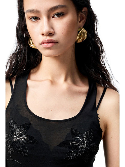 Floral Rhinestone Semi Sheer I-shaped Tank Top【s0000012914】