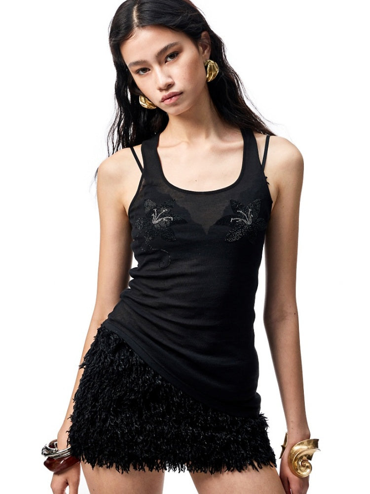 Floral Rhinestone Semi Sheer I-shaped Tank Top【s0000012914】