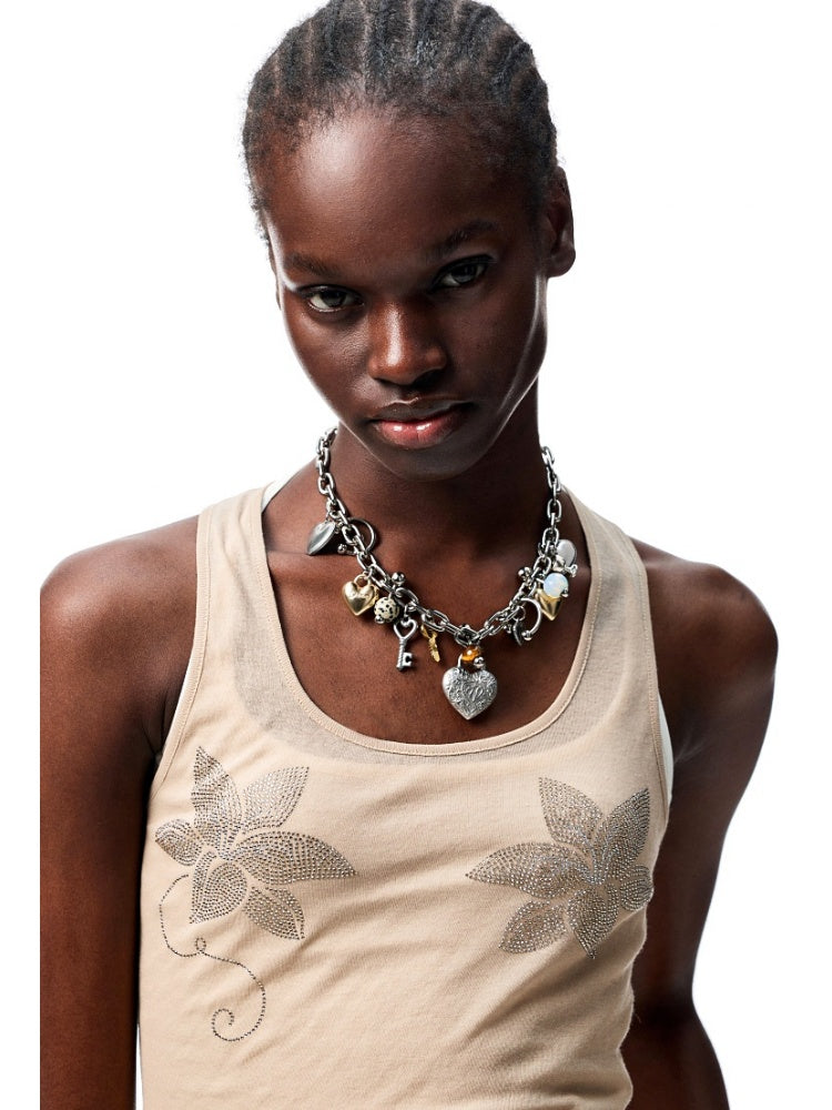 Floral Rhinestone Semi Sheer I-shaped Tank Top【s0000012914】