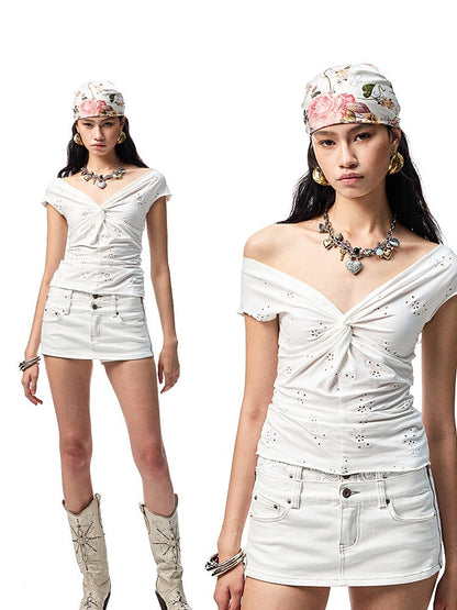 Hollow Jacquard Knot Front Flutter Sleeve V-Neck Blouse【s0000012915】