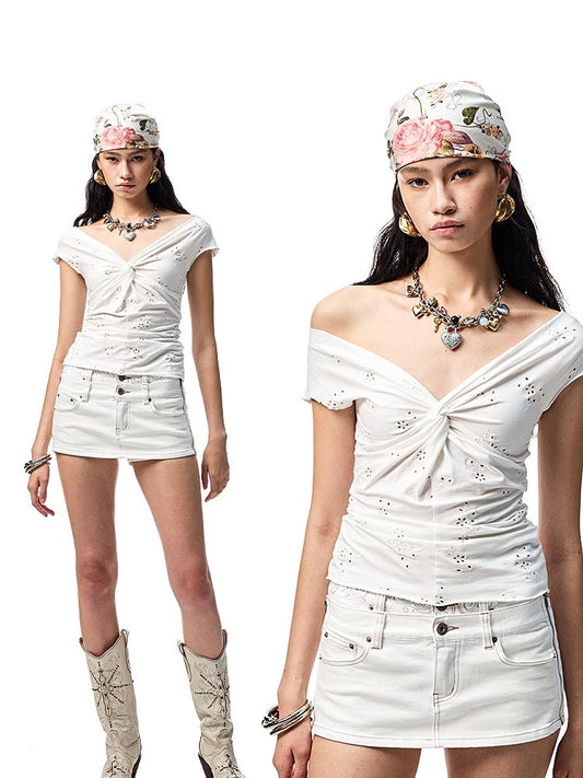 Hollow Jacquard Knot Front Flutter Sleeve V-Neck Blouse【s0000012915】