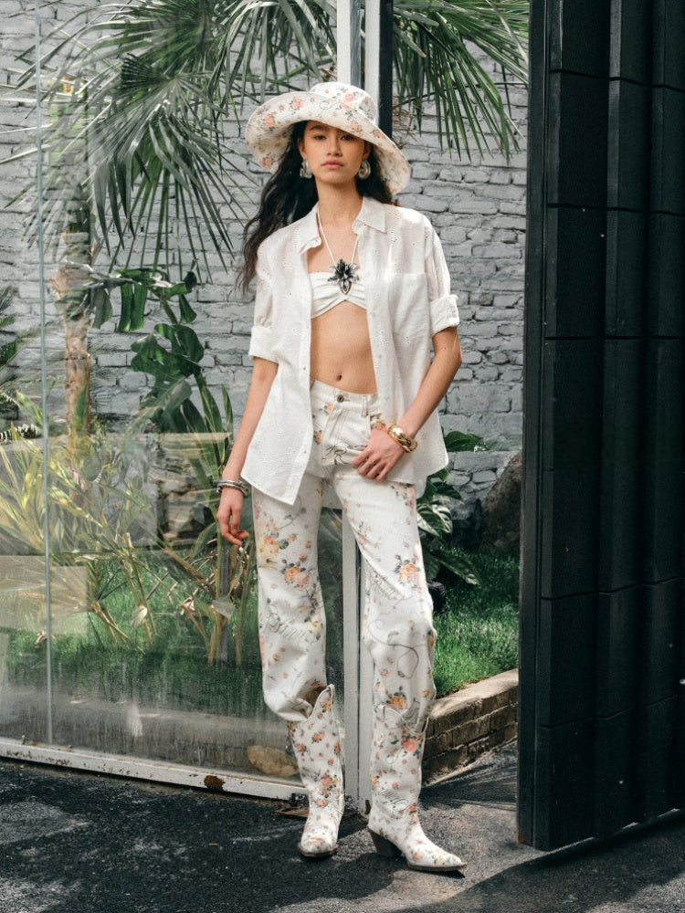 Mid Sleeve Jacquard Cut Out Loose Drop Shoulder Shirt & Bud Shorts Set【s0000012917】