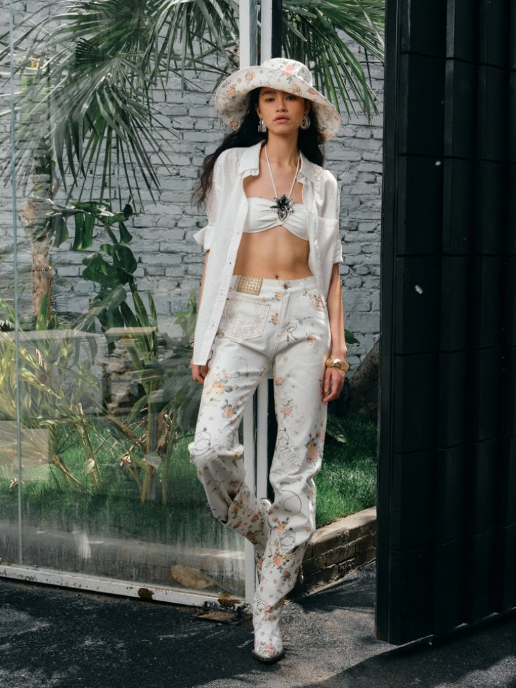 Mid Sleeve Jacquard Cut Out Loose Drop Shoulder Shirt & Bud Shorts Set【s0000012917】