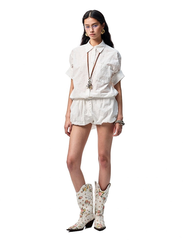 Mid Sleeve Jacquard Cut Out Loose Drop Shoulder Shirt & Bud Shorts Set【s0000012917】