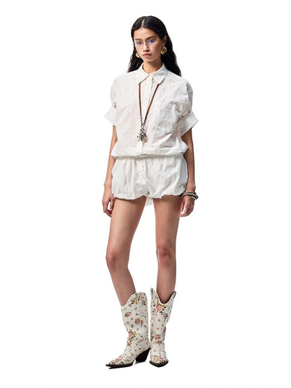 Mid Sleeve Jacquard Cut Out Loose Drop Shoulder Shirt & Bud Shorts Set【s0000012917】