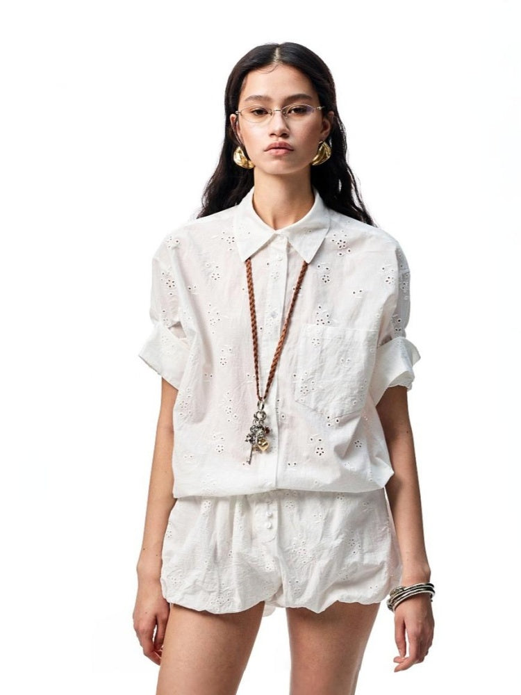 Mid Sleeve Jacquard Cut Out Loose Drop Shoulder Shirt & Bud Shorts Set【s0000012917】