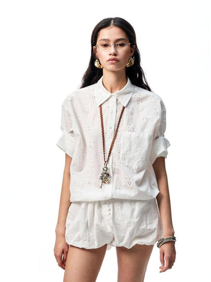 Mid Sleeve Jacquard Cut Out Loose Drop Shoulder Shirt & Bud Shorts Set【s0000012917】