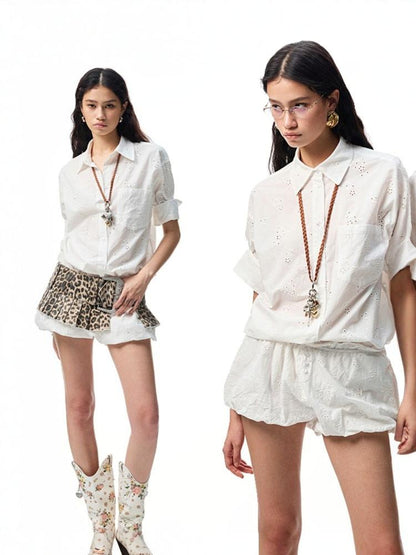 Mid Sleeve Jacquard Cut Out Loose Drop Shoulder Shirt & Bud Shorts Set【s0000012917】