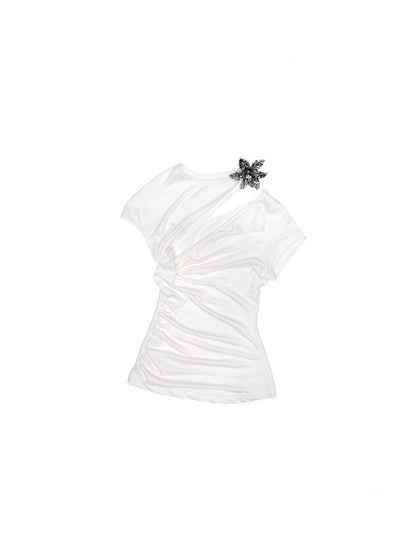 Metallic Flower Knot Pleated Slim Fit Acetate Short Sleeve Shirred T-Shirt【s0000012918】
