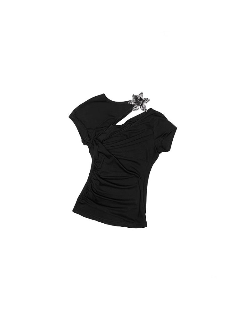 Metallic Flower Knot Pleated Slim Fit Acetate Short Sleeve Shirred T-Shirt【s0000012918】