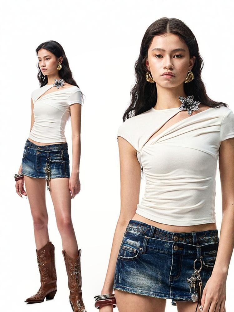 Metallic Flower Knot Pleated Slim Fit Acetate Short Sleeve Shirred T-Shirt【s0000012918】