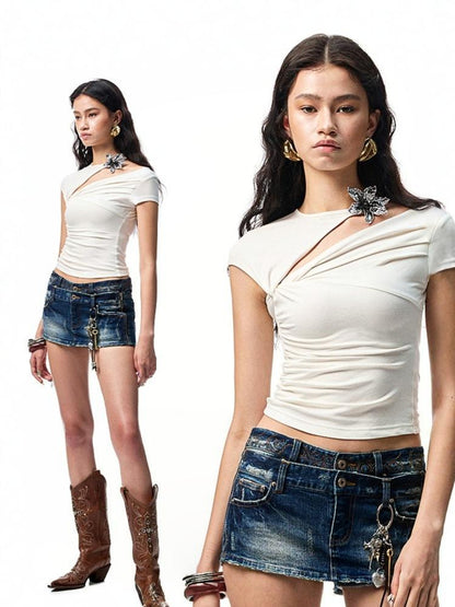Metallic Flower Knot Pleated Slim Fit Acetate Short Sleeve Shirred T-Shirt【s0000012918】