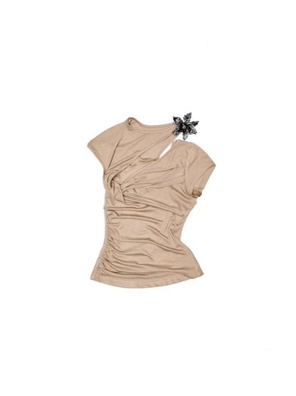 Metallic Flower Knot Pleated Slim Fit Acetate Short Sleeve Shirred T-Shirt【s0000012918】