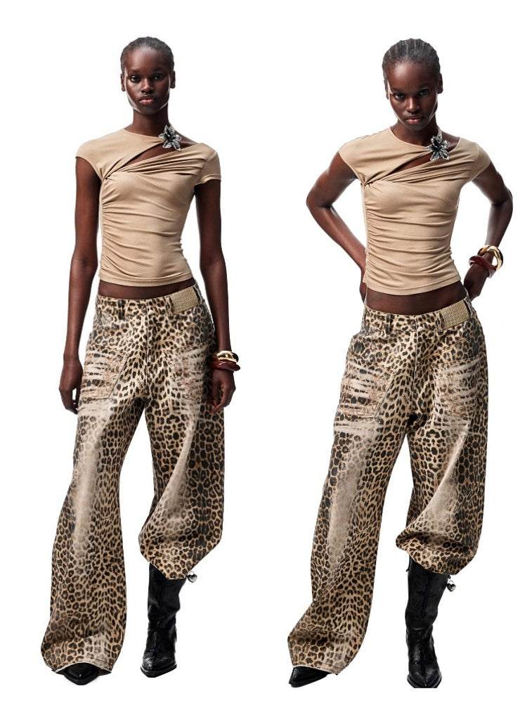 Metallic Flower Knot Pleated Slim Fit Acetate Short Sleeve Shirred T-Shirt【s0000012918】