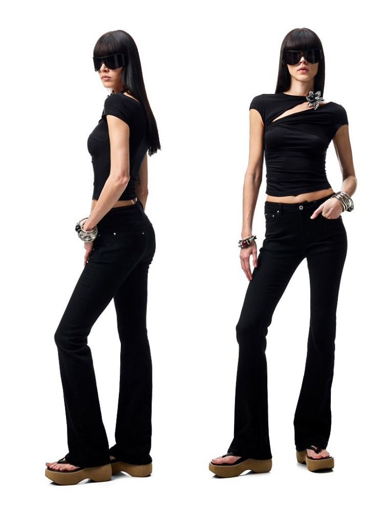 Metallic Flower Knot Pleated Slim Fit Acetate Short Sleeve Shirred T-Shirt【s0000012918】