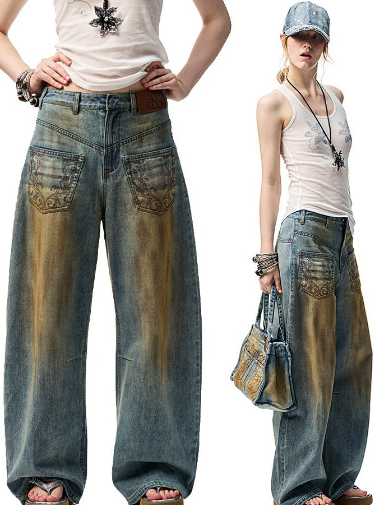 Mud Dyed  Washed  Embroidery Low Rise Jeans【s0000012919】