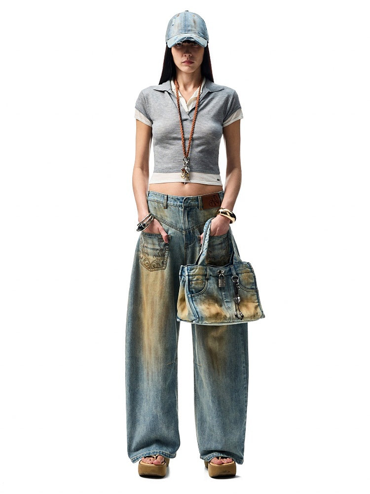 Mud Dyed  Washed  Embroidery Low Rise Jeans【s0000012919】