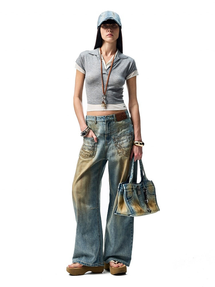 Mud Dyed  Washed  Embroidery Low Rise Jeans【s0000012919】