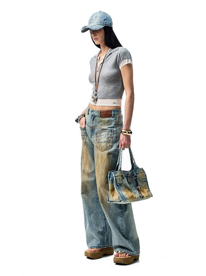 Mud Dyed  Washed  Embroidery Low Rise Jeans【s0000012919】