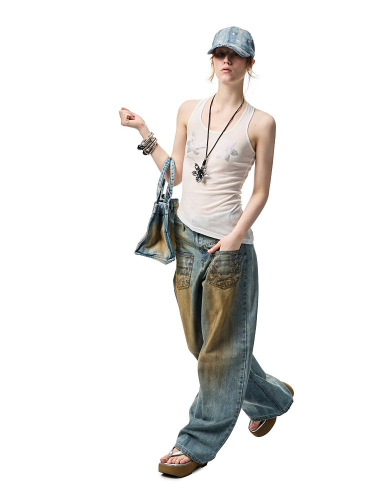 Mud Dyed  Washed  Embroidery Low Rise Jeans【s0000012919】