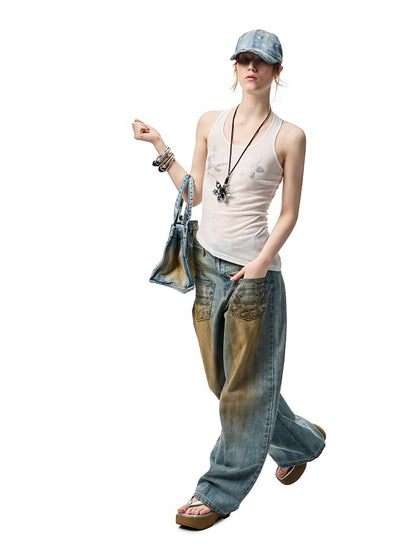 Mud Dyed  Washed  Embroidery Low Rise Jeans【s0000012919】