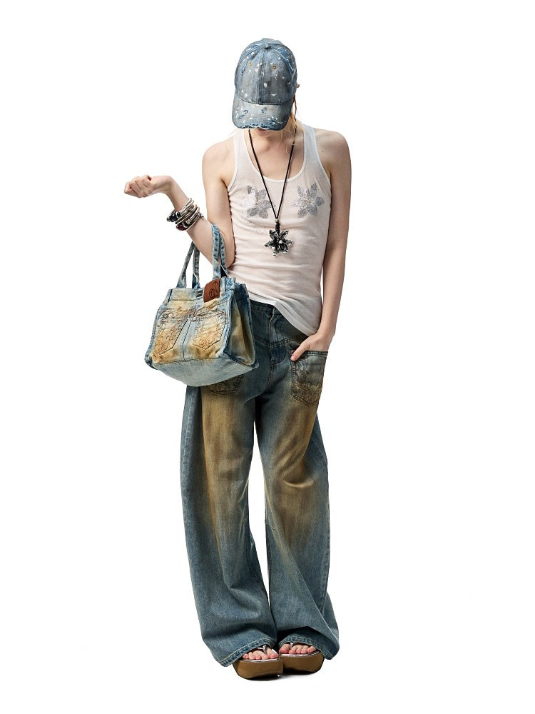 Mud Dyed  Washed  Embroidery Low Rise Jeans【s0000012919】