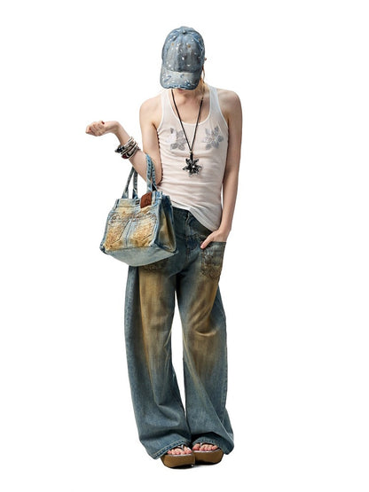 Mud Dyed  Washed  Embroidery Low Rise Jeans【s0000012919】