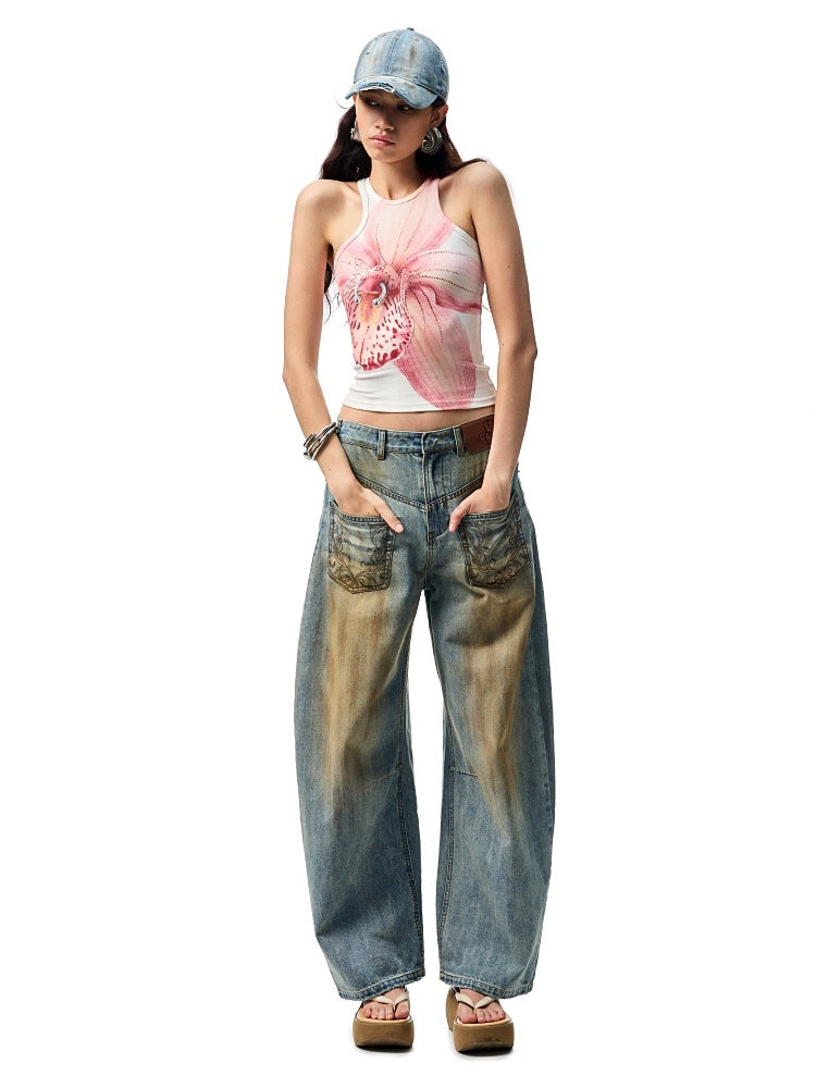 Mud Dyed  Washed  Embroidery Low Rise Jeans【s0000012919】