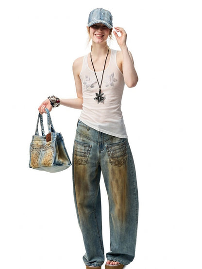 Mud Dyed  Washed  Embroidery Low Rise Jeans【s0000012919】