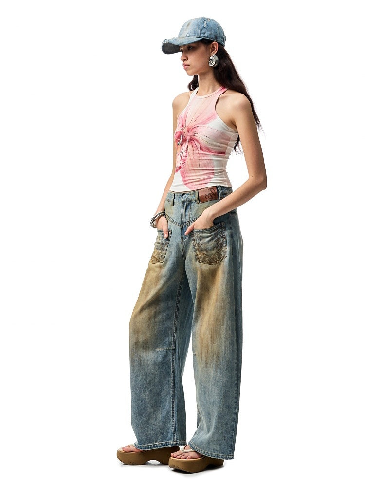 Mud Dyed  Washed  Embroidery Low Rise Jeans【s0000012919】