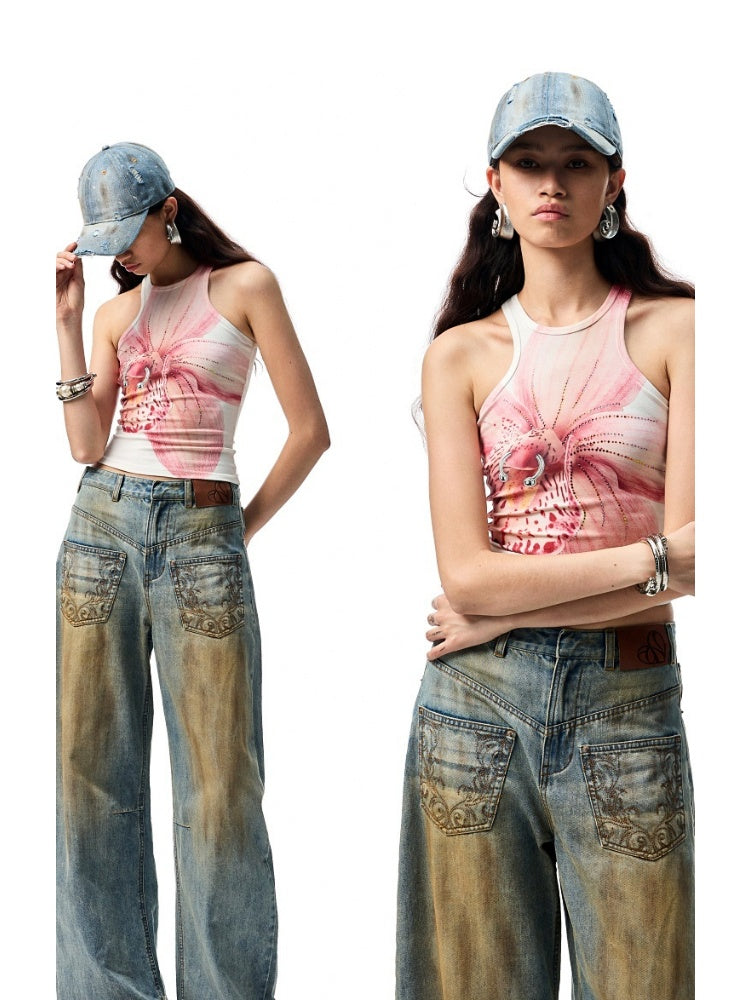 Mud Dyed  Washed  Embroidery Low Rise Jeans【s0000012919】