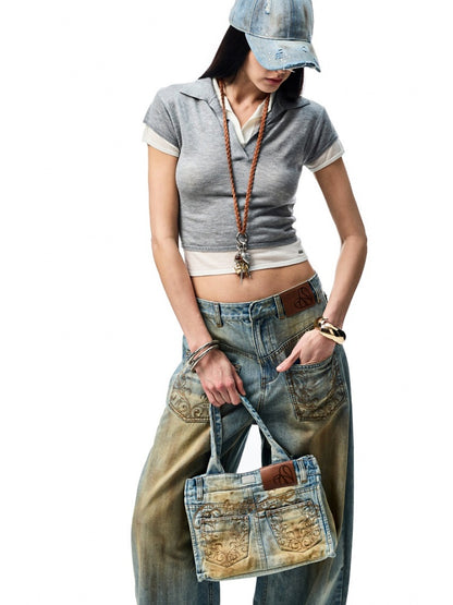 Mud Dyed  Washed  Embroidery Low Rise Jeans【s0000012919】