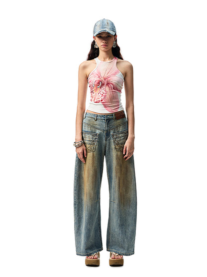 Mud Dyed  Washed  Embroidery Low Rise Jeans【s0000012919】