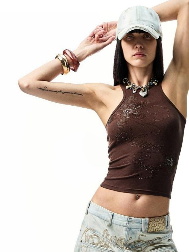 Floral Rhinestone I-Shaped American Sleeveless Tank Top【s0000012891】