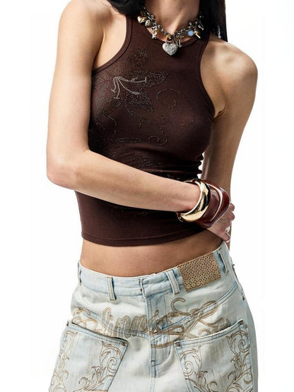 Floral Rhinestone I-Shaped American Sleeveless Tank Top【s0000012891】