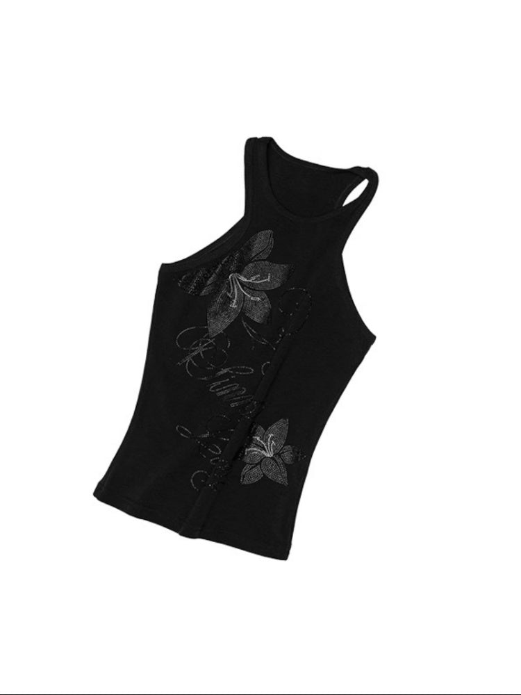 Floral Rhinestone I-Shaped American Sleeveless Tank Top【s0000012891】