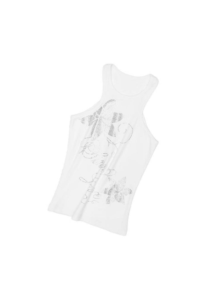 Floral Rhinestone I-Shaped American Sleeveless Tank Top【s0000012891】