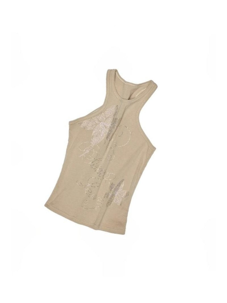 Floral Rhinestone I-Shaped American Sleeveless Tank Top【s0000012891】